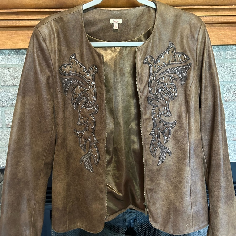 Reba Brown Faux Leather Studded Embellished Jacket